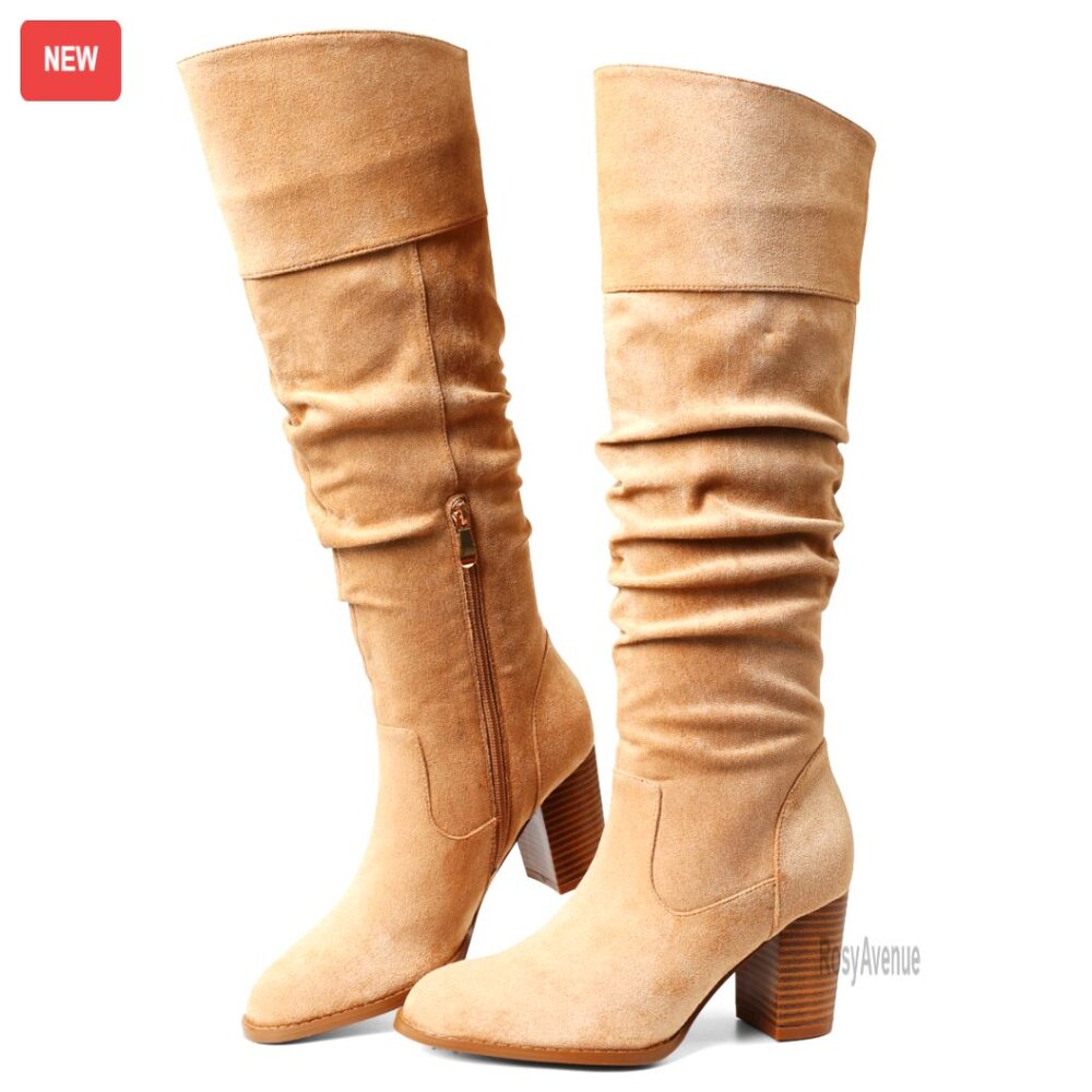 Suede Knee-High Boots with Chunky Block Heel and Side Zipper